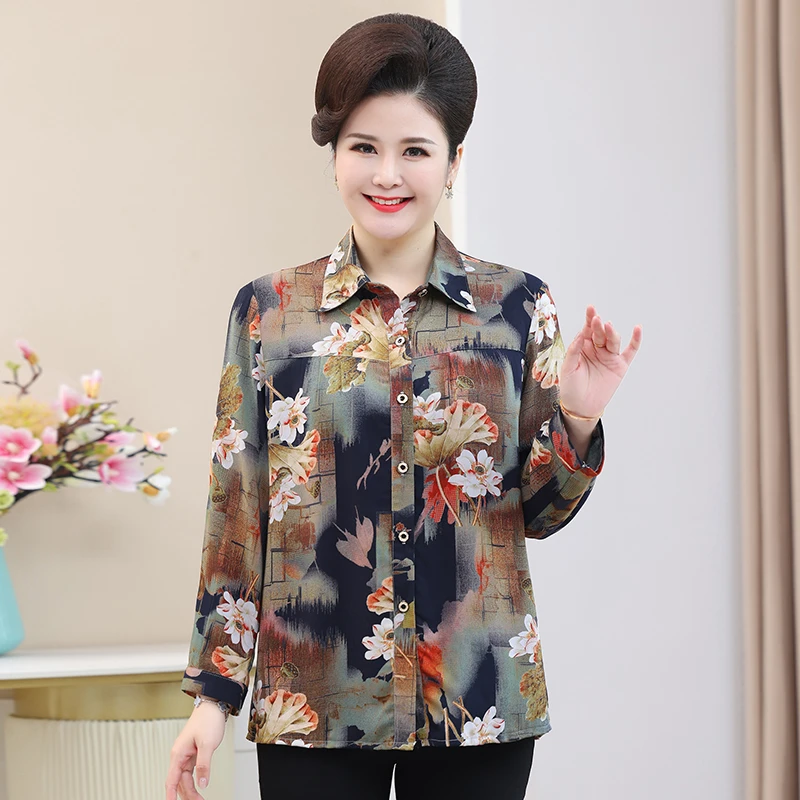 中老年女装棉绸衬衫花色妈妈春秋夏装衬衣奶奶宽松开衫加肥加大码