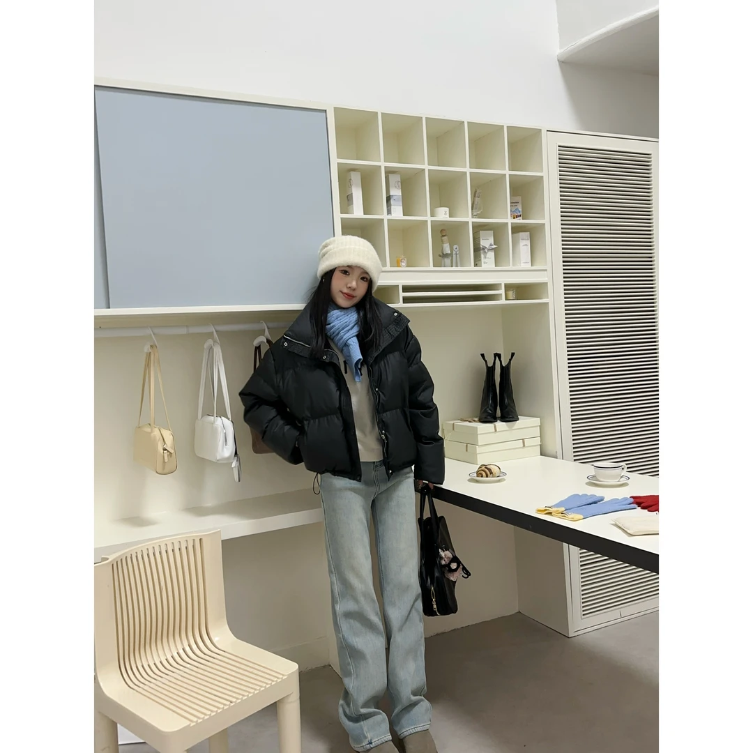 【温暖超标】高个子女装 加长pu蛋白皮加厚立领短款羽绒服 Au172