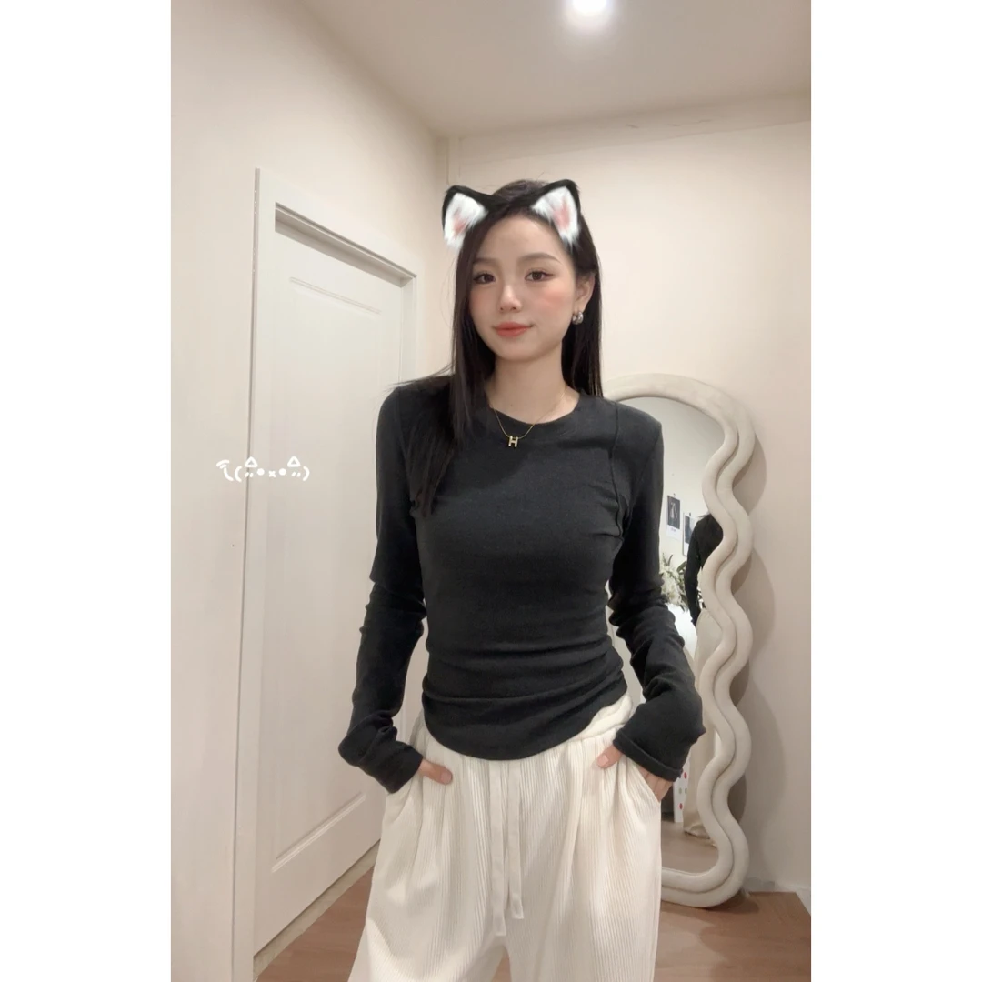 48H《 一眼显瘦》高个子女装圆领套头上衣基础百搭显瘦修身 AU116