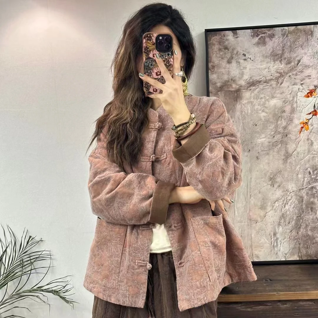 251-400 秋冬新2024中式国风刺绣棉服单排盘扣苎麻双层夹棉外套女