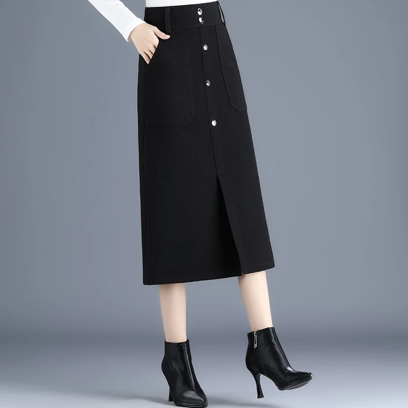 口袋半身裙女长款2025春秋新款高腰显瘦松紧腰单排扣前开叉一步裙