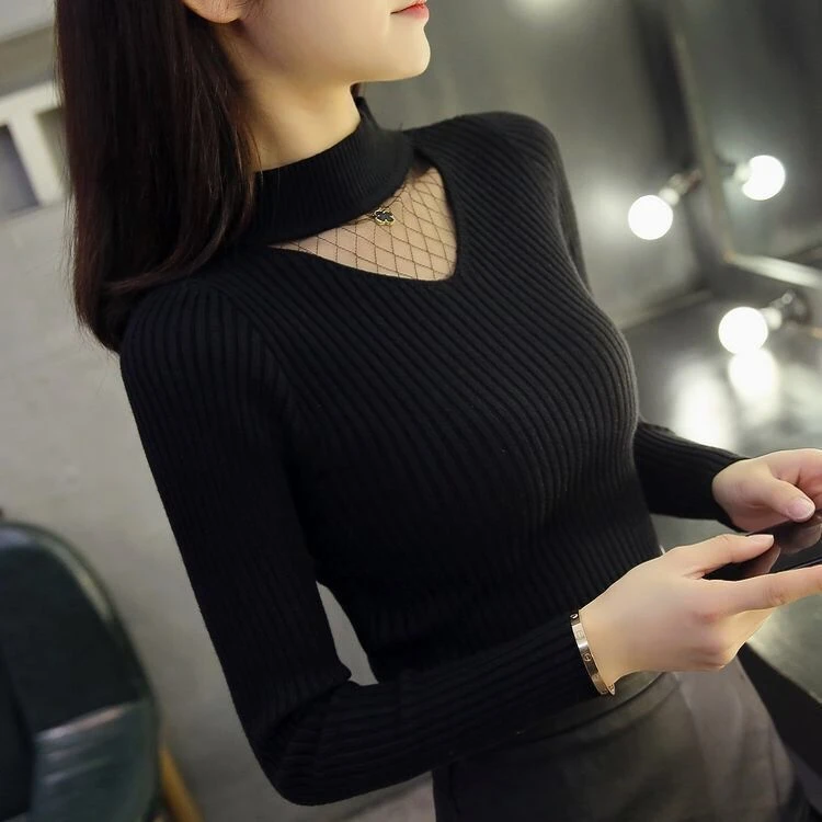 毛衣女韩版半高领蕾丝网纱镂空新款秋冬季加厚百搭打底针织衫上衣