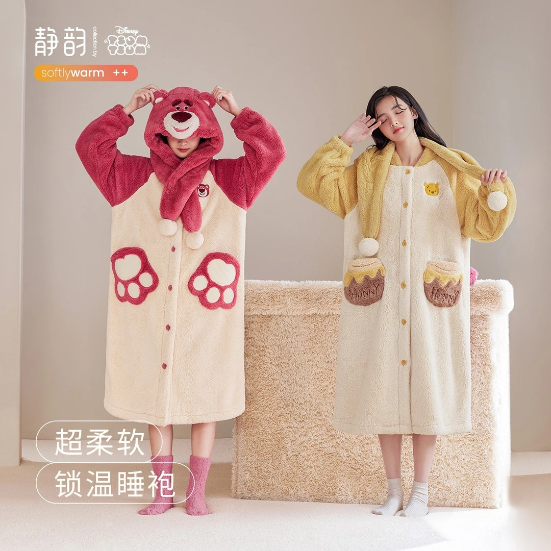 【迪士尼】维尼熊珊瑚绒草莓熊睡袍女士秋冬加厚睡衣长款加绒浴袍