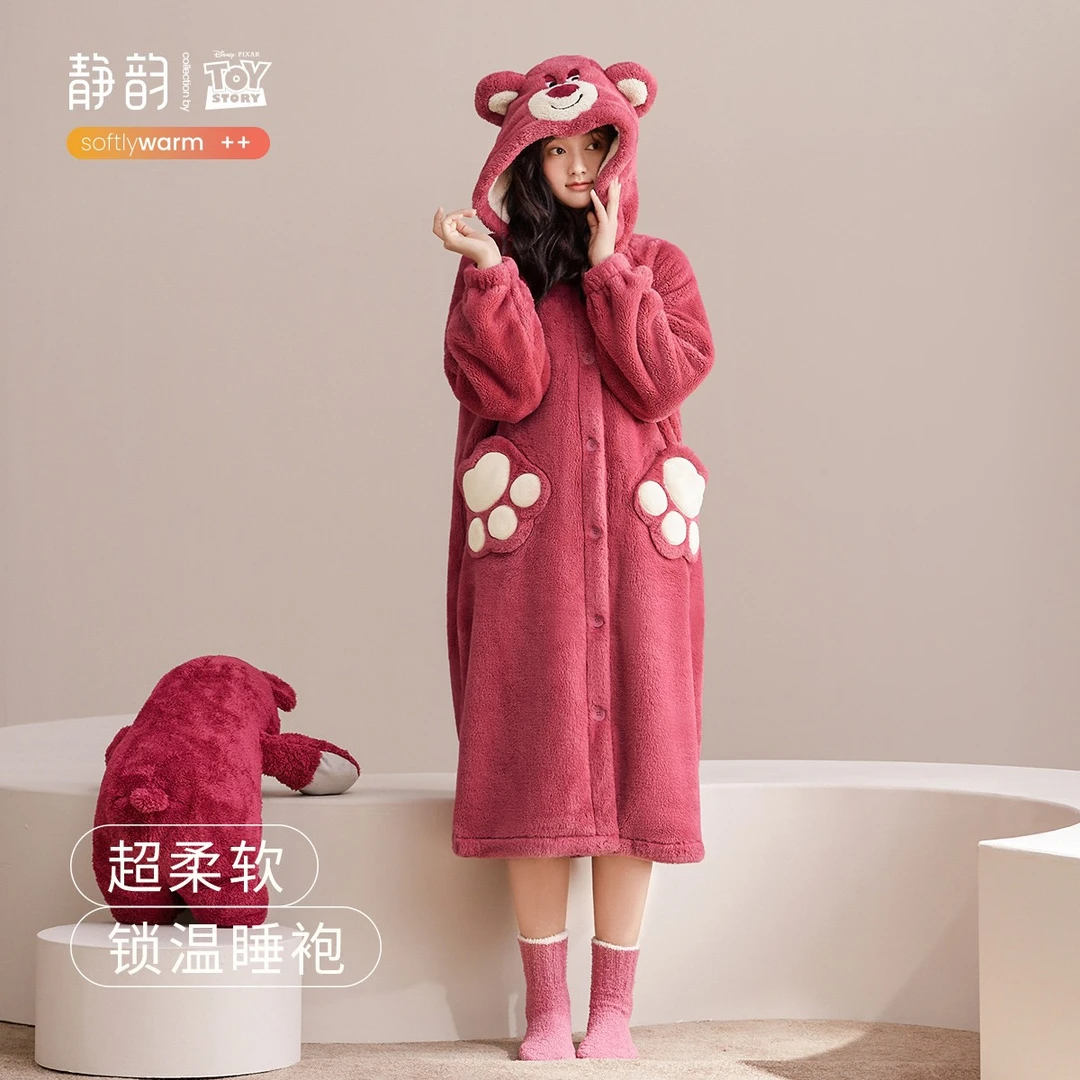 【超柔软】迪士尼大眼仔珊瑚绒长款睡袍秋冬加绒睡衣女家居服