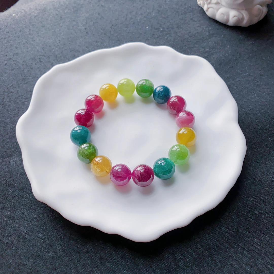 天然巴西荧光色色标碧玺手链 色标马卡龙艳丽色 明艳不挑光