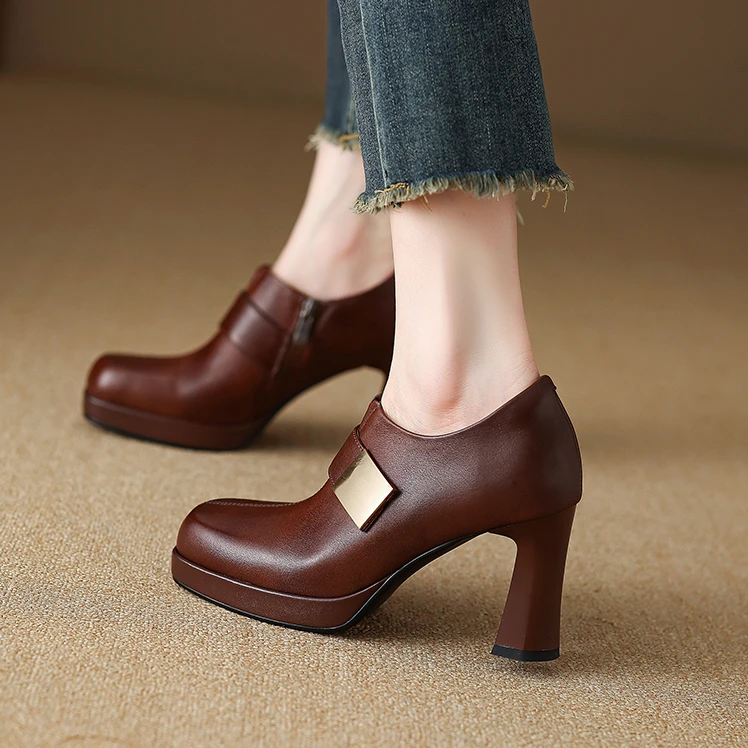 小个子防水台法式高跟鞋2025年新款单鞋真皮复古棕色深口小皮鞋女