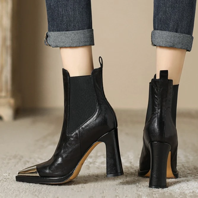 复古9.2cm新款松紧带短靴2025秋冬手抓羊皮高跟靴子粗跟马丁靴女