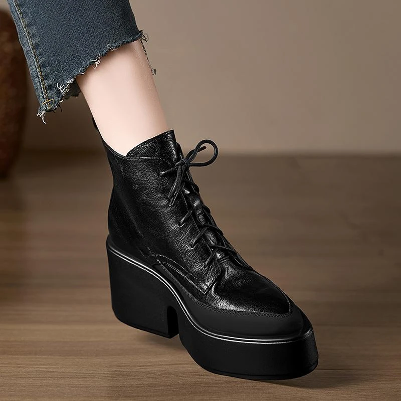 小个子手工女鞋~8.5cm防水台高跟短靴法式系带马丁靴女机车靴女