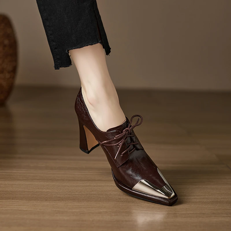 小个子9.5CM防水台法式高跟鞋新款单鞋羊皮复古系带鞋小皮鞋女