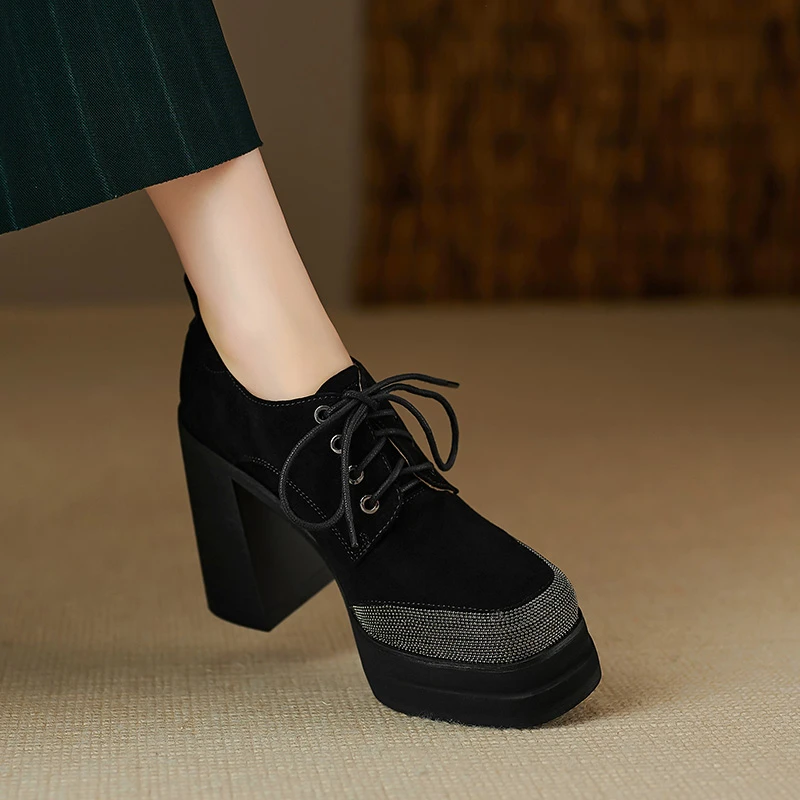 羊翻皮防水台美式高跟鞋女不累脚春季深口单鞋休闲系带粗跟女鞋子