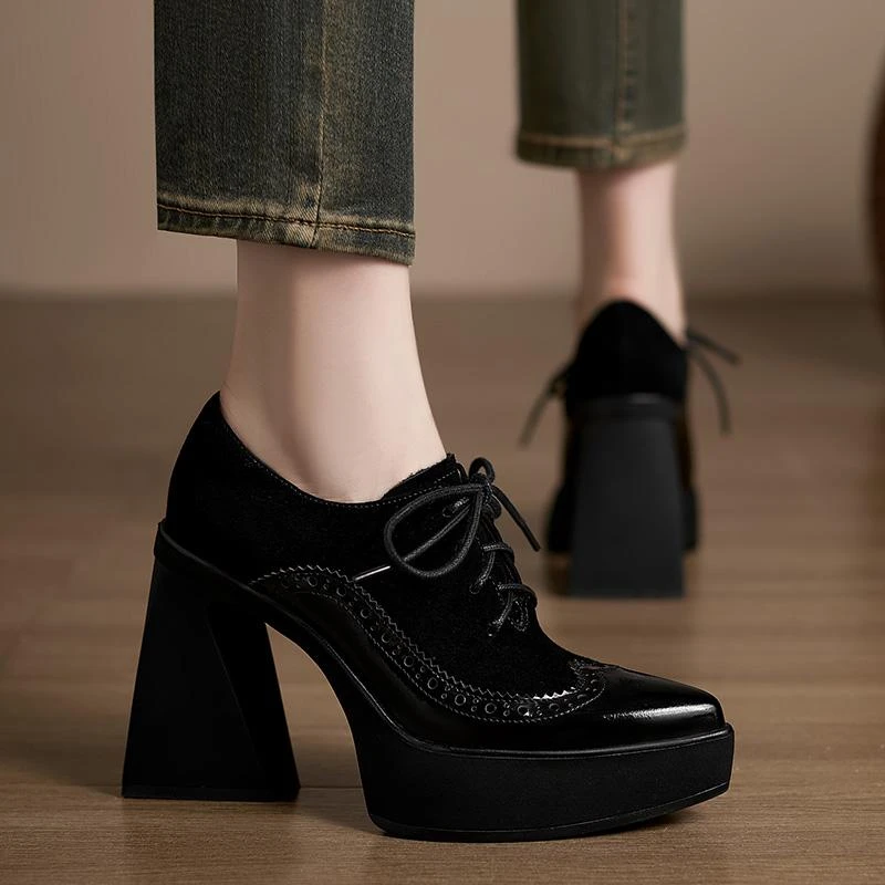 修悦手工女鞋~10.3cm小个子防水台高跟鞋新款布洛克鞋英伦小皮鞋