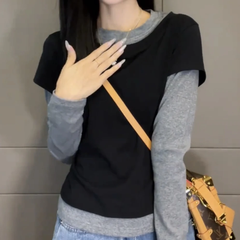 2024款圆领拼接撞色长袖显瘦假两件上衣