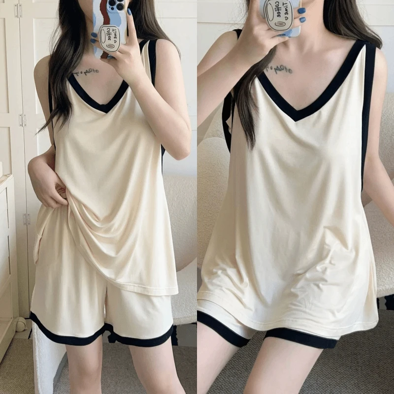 螺纹莫代尔拼色背心带胸垫睡衣女款夏季薄款可外穿洋气家居服套装