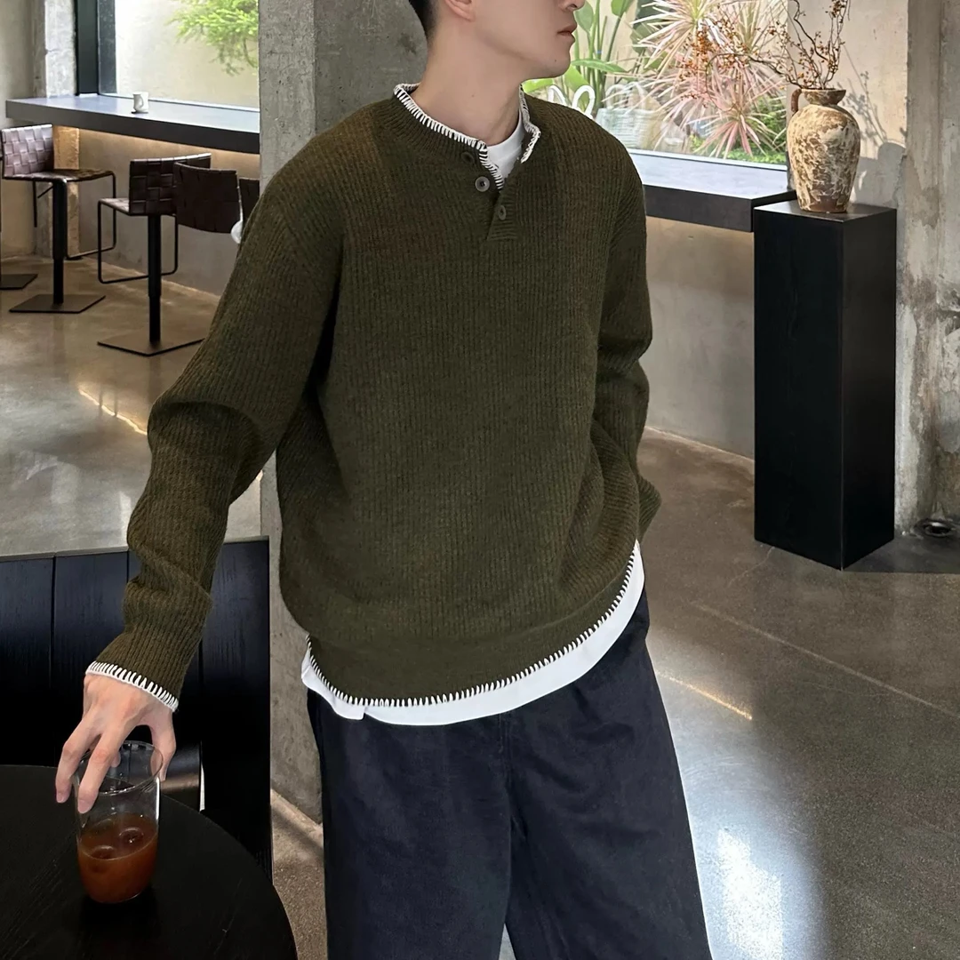 秋冬韩版休闲宽松套头纯色毛衣撞色领设计感慵懒风百搭针织衫上衣