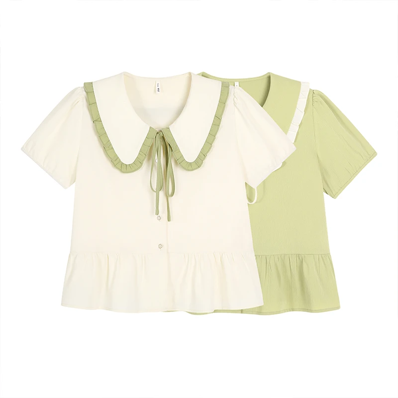 【如奕大码女装】法式撞色娃娃领短袖衬衫别致泡泡袖小衫63263