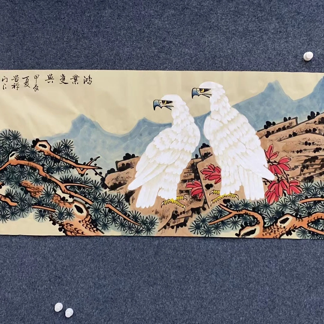赵振祥-《鸿业双鹰》-六尺横仿古宣-国画作品