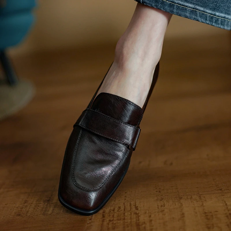 复古头层牛皮乐福鞋女软底上班女鞋百搭方头单鞋英伦风手工小皮鞋