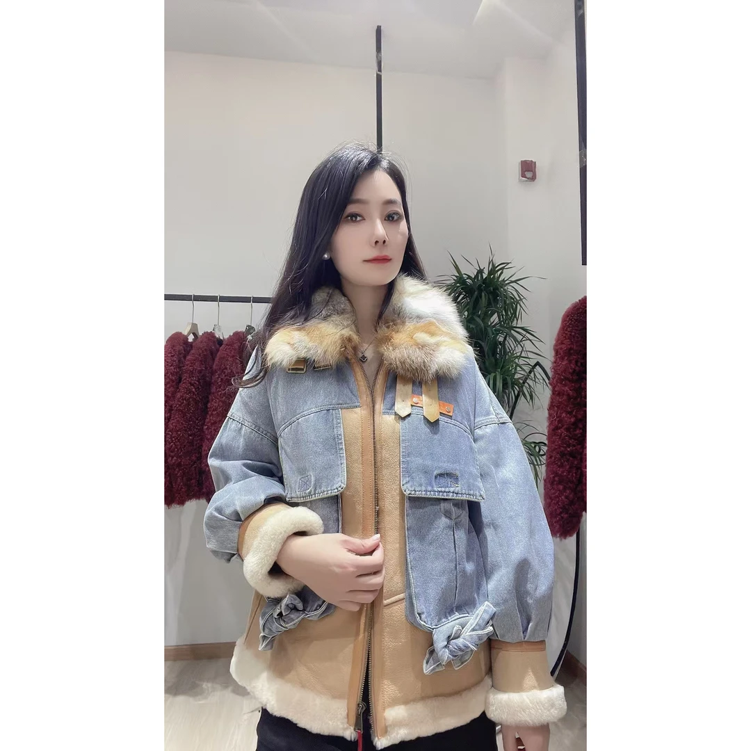 美尚【1669】原生态皮毛一体狐狸毛大毛领短款冬季外套