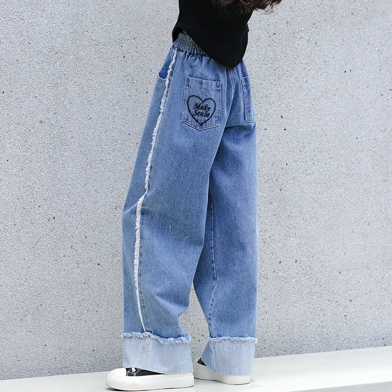 女童直筒牛仔裤儿童春装时髦毛边阔腿裤大童春秋裤子休闲13069