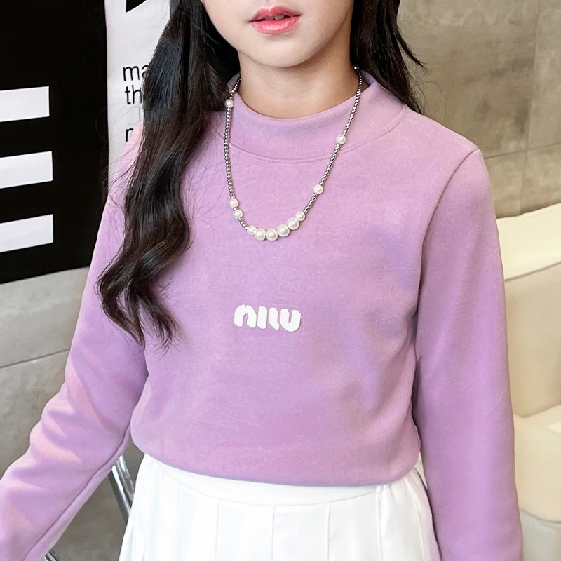 9842女童打底衫冬季加绒儿童半高领长袖T恤秋冬加厚纯色女孩