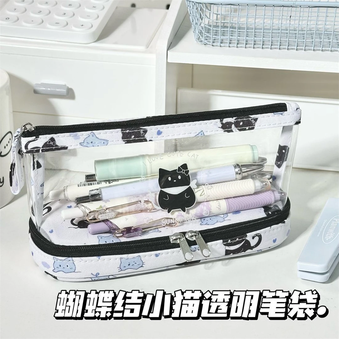 雪地小猫笔袋大容量半透明高颜值ins风中小学生三角形文具收纳袋.