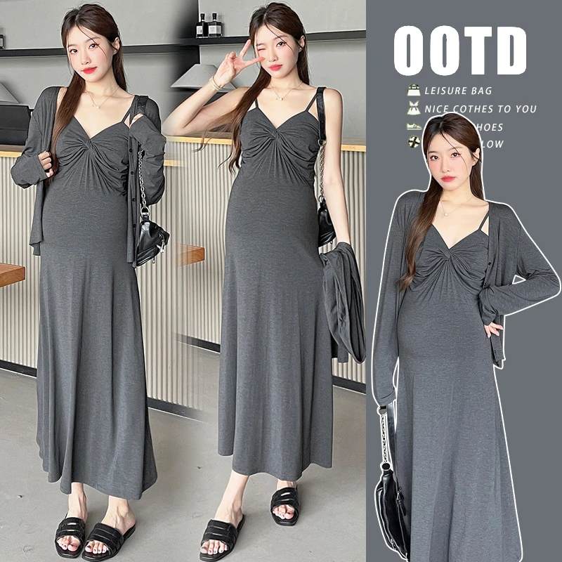 孕妇连衣裙2024新款夏季慵懒风吊带裙两件套洋气时髦夏装套装裙子