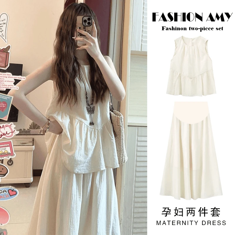 孕妇套装夏季新款2024时尚简约小清新显瘦背心上衣休闲托腹半身裙