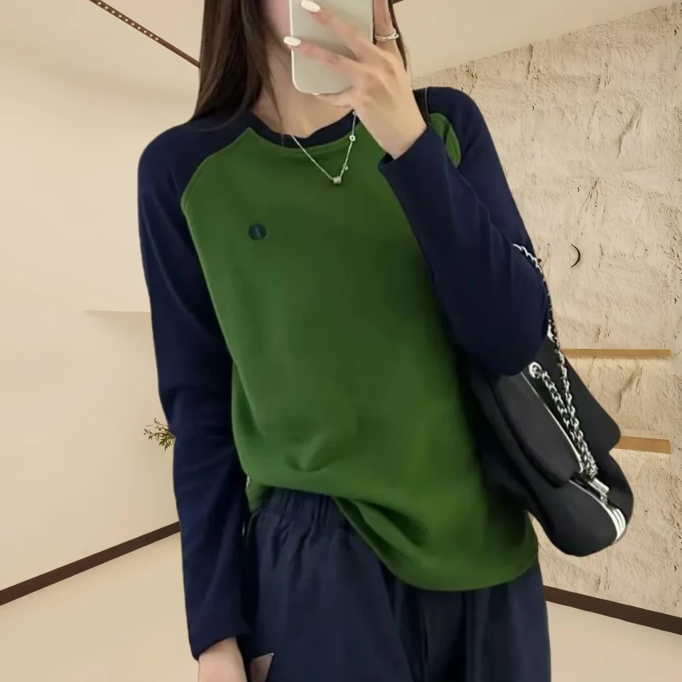 圆领长袖t恤女春季新款双面德绒刺绣拼色打底衫洋气百搭休闲上衣