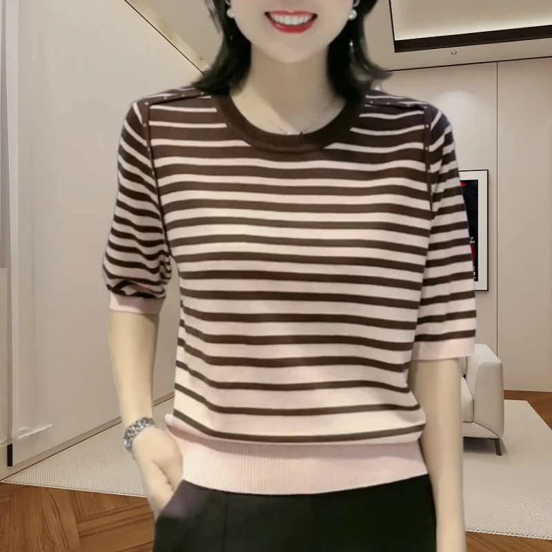 2025潮流条纹时尚针织衫五分袖T恤女夏季款宽松减龄洋气韩版上衣