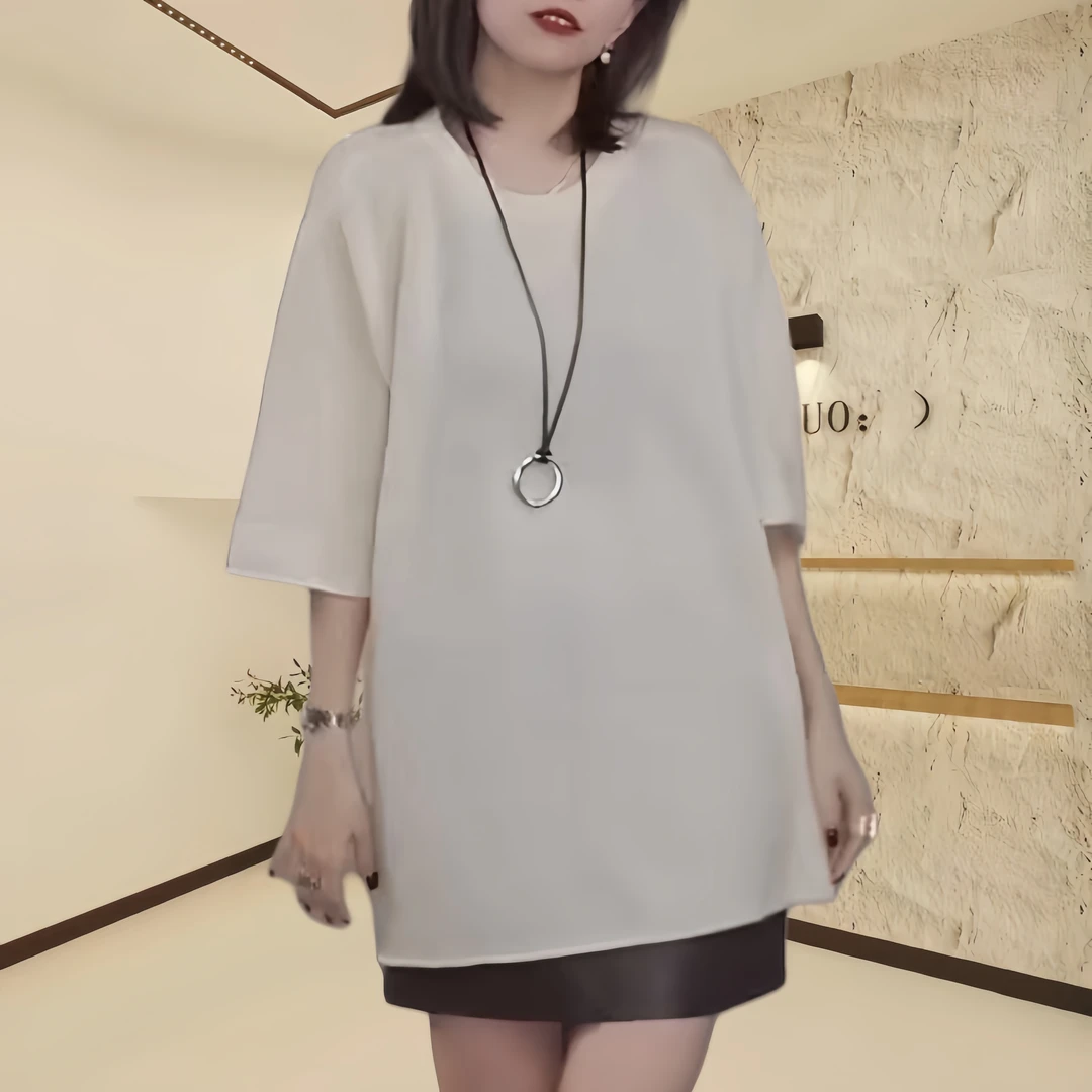 秋季圆领半袖灰色针织衫高质感纯色中长款上衣女简约女士气质上衣