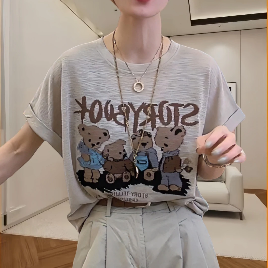 气质宽松印花t恤上衣女士2025夏季大码休闲百搭纯色薄款圆领小衫