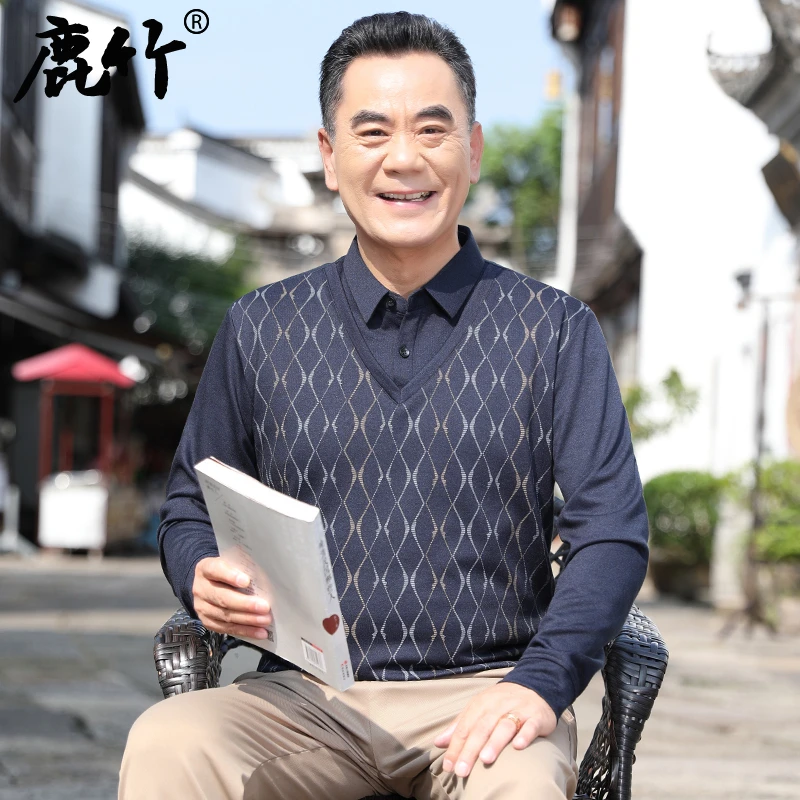 中年男士2024春季新款假两件针织长袖宽松爸爸装t恤男装翻领Polo