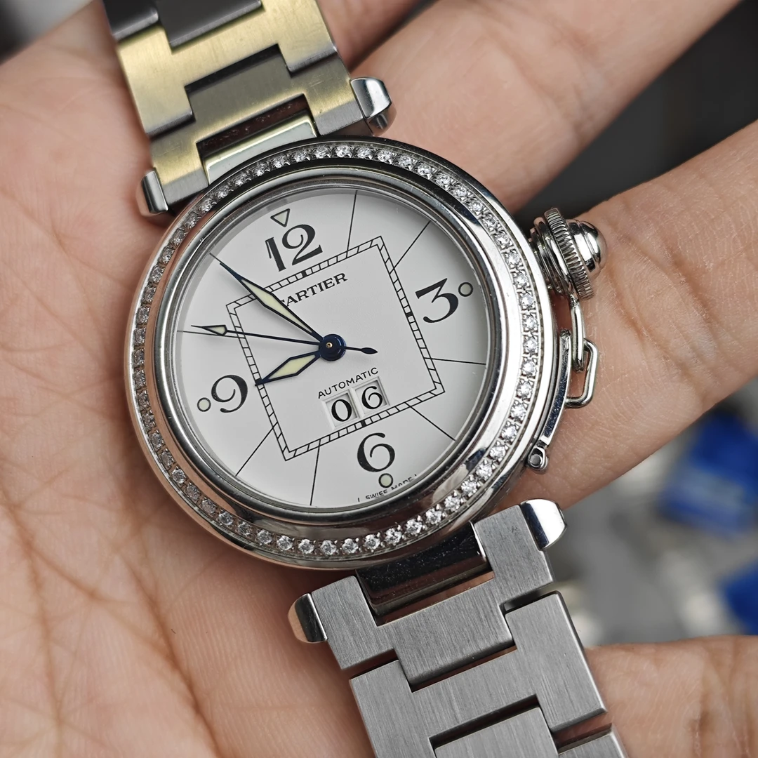 99新 Cartier/卡地亚 帕莎夜光三针大白盘日历窗中古女表35盘LF