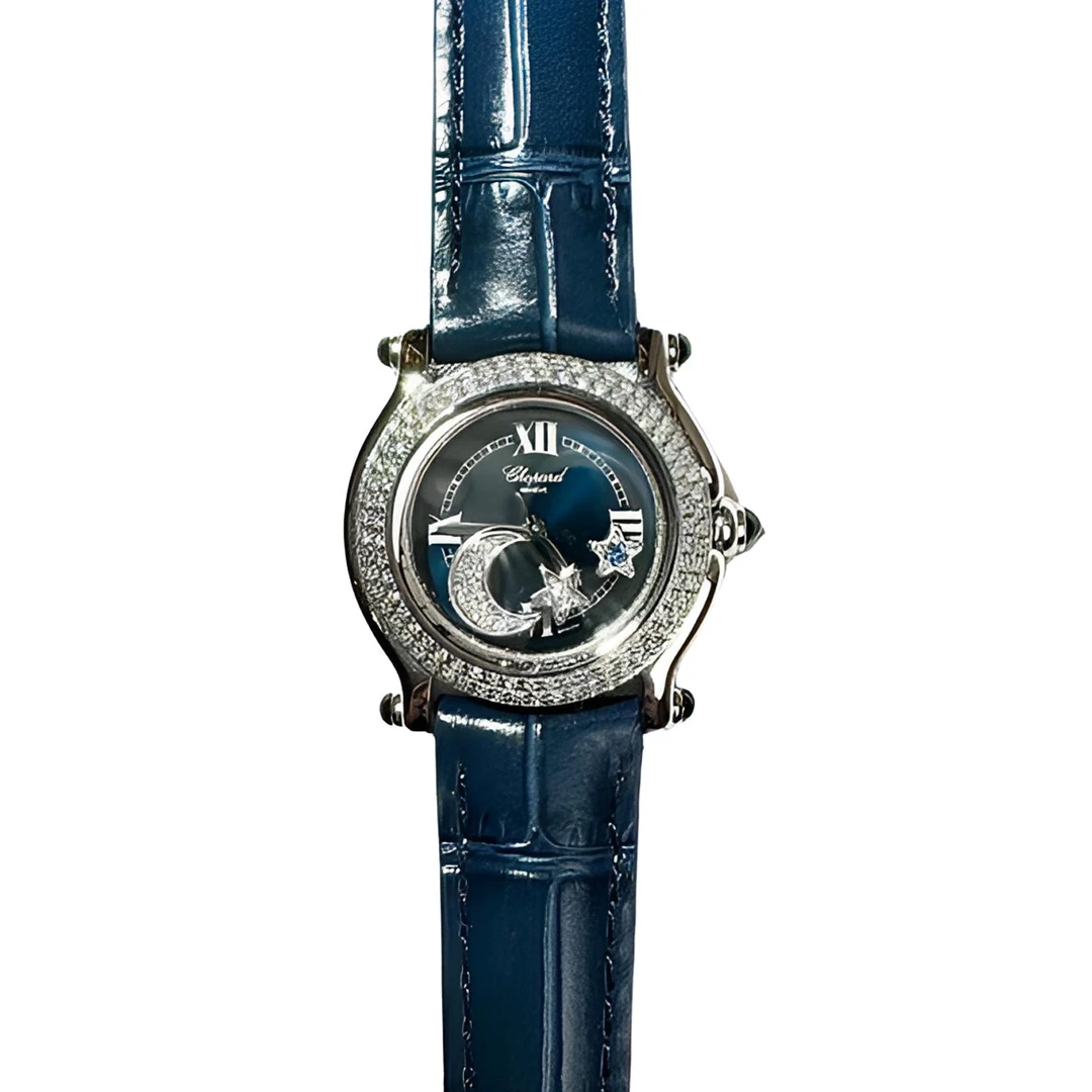 95新 Chopard/萧邦 HAPPY PORT系列三钻蓝盘后镶钻石英26盘tw