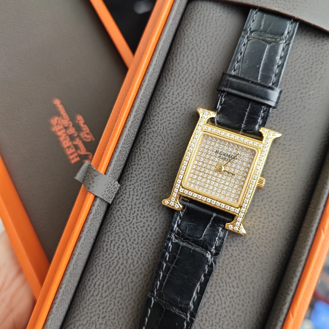 99新 Hermes/爱马仕 金针内外满钻H盘优雅时尚女表21盘16腕周LF