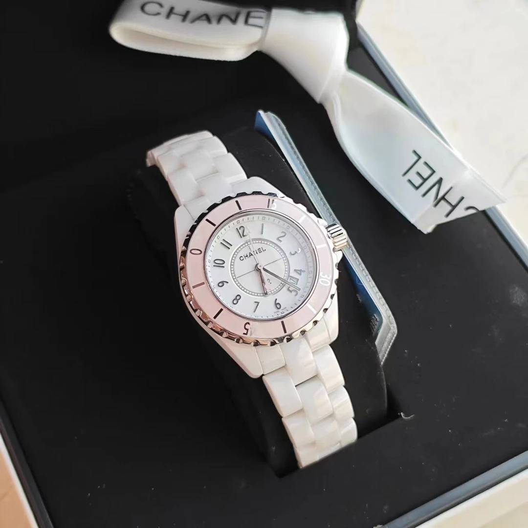 95新 Chanel/香奈儿 J12三针白盘数字刻粉圈白陶瓷中古女表33盘LF