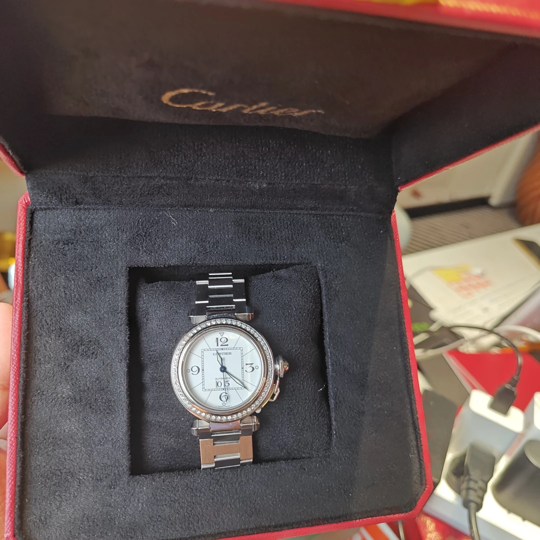 95新 Cartier/卡地亚 帕莎三针夜光数字刻白盘日历中古女表35盘LF