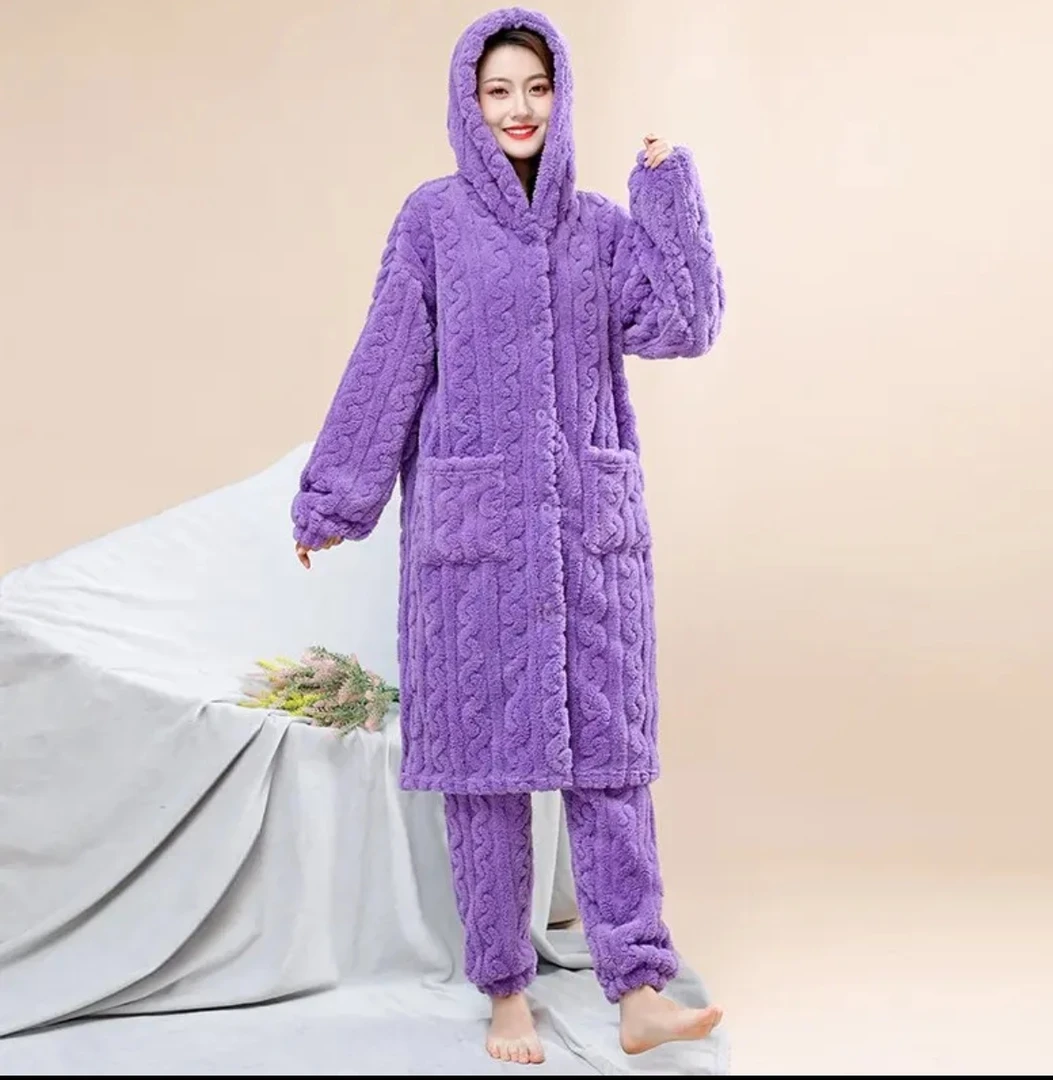 2023 年新款加厚大码长款连帽女士保暖家居服套装
