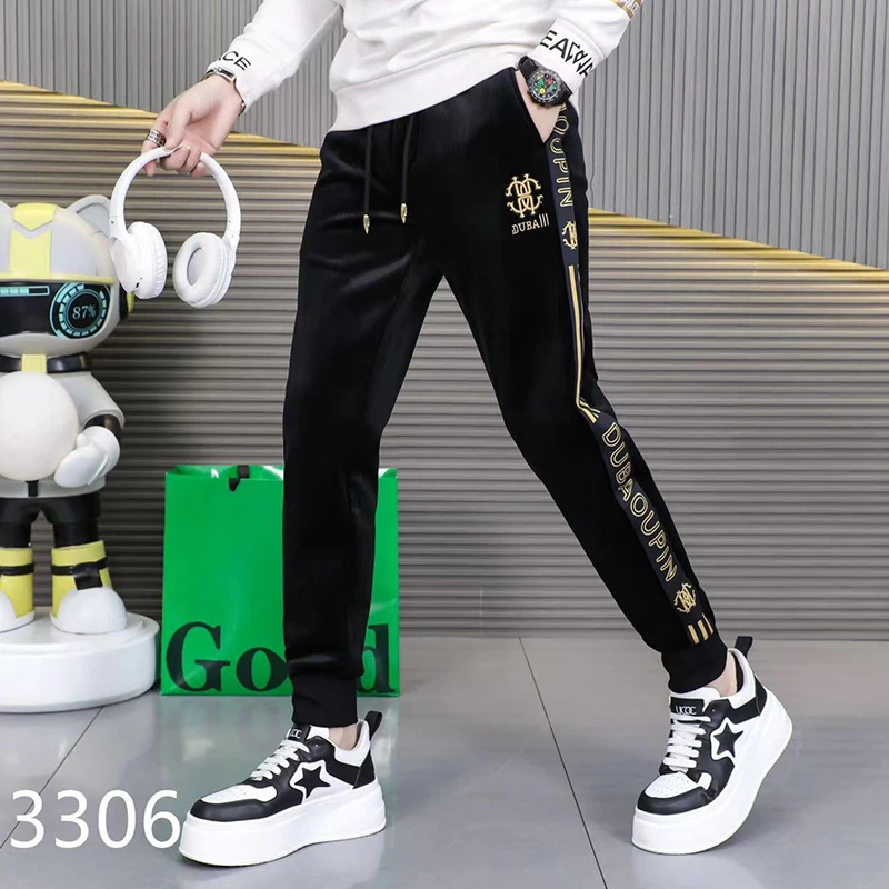 高端时尚休闲裤男金丝绒小脚裤男士春秋款条绒保暖潮流运动束脚裤