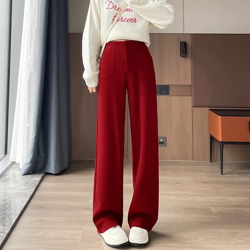 安可拉红高级感毛呢西装裤子女秋冬季2024新款高腰直筒窄版阔腿裤