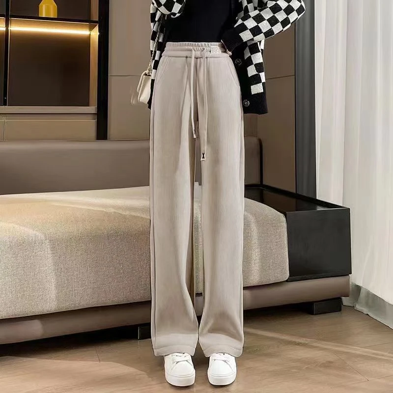 窄版直筒裤女秋冬2024新款高腰显瘦针织垂感宽松休闲运动直筒裤
