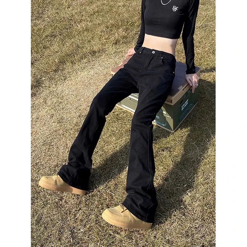 黑色cleanfit弯刀牛仔裤男女秋冬修身弹力美式高街vibe直筒微喇