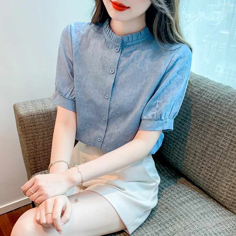 2025夏季女装新款时尚复古木耳领纯棉衬衫女气质减龄百搭短袖衬衣