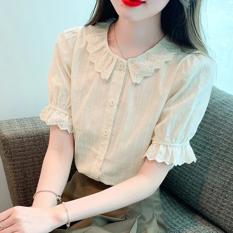 夏季女装新款洋气純棉女士衬衫2025年时尚减龄娃娃领薄款短袖上衣