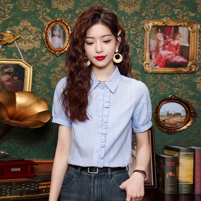2025年夏季女装新款时尚百搭纯棉衬衫女洋气减龄polo领短袖上衣女