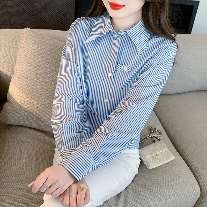 春秋季2024年女装新款时尚休闲条纹棉布女士衬衫气质百搭长袖衬衣