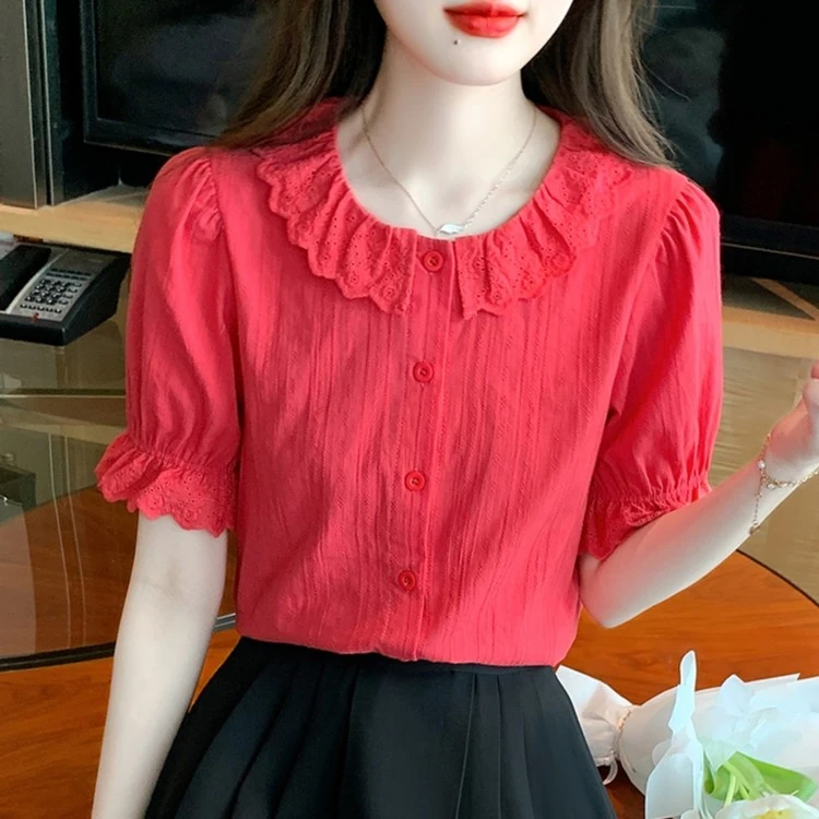 2025年夏季女装新款时尚娃娃领純棉女士衬衫减龄显瘦棉布短袖上衣