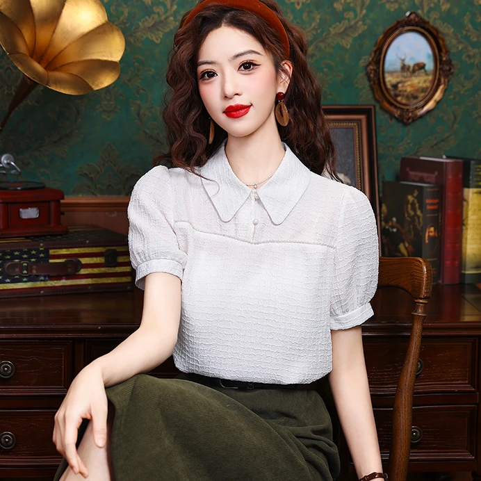 2025年夏季女装新款时尚设计雪纺女士衬衫洋气减龄百搭短袖衬衣女