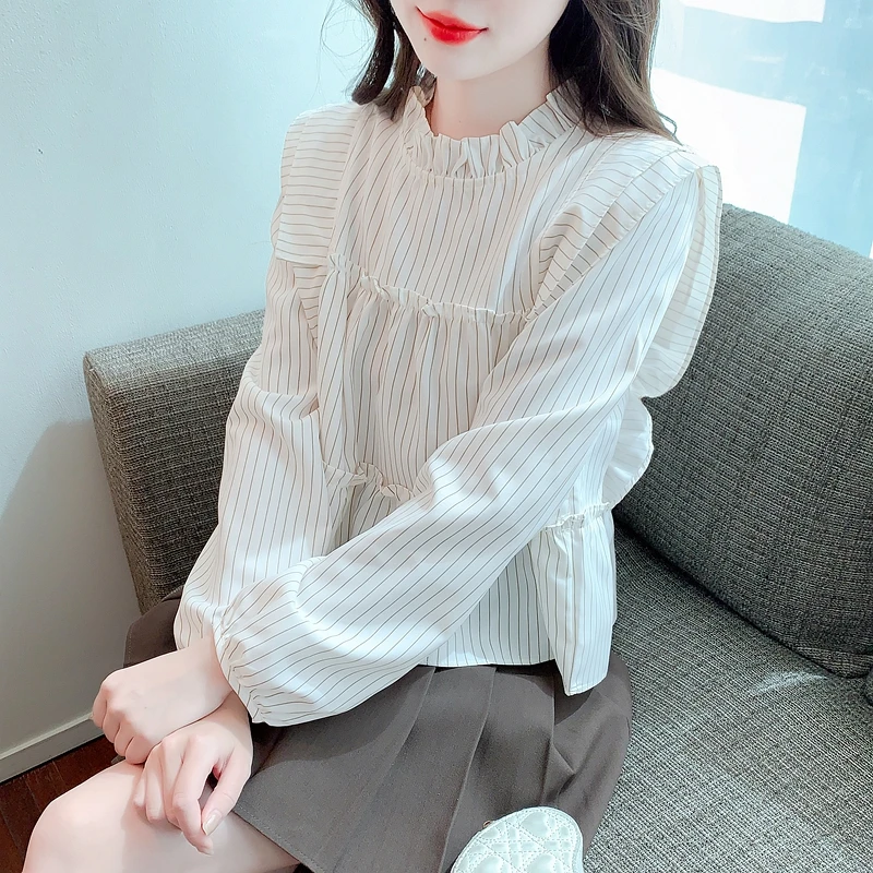 2024春秋季新款时尚拼接设计条纹雪纺衬衣女洋气减龄宽松长袖小衫