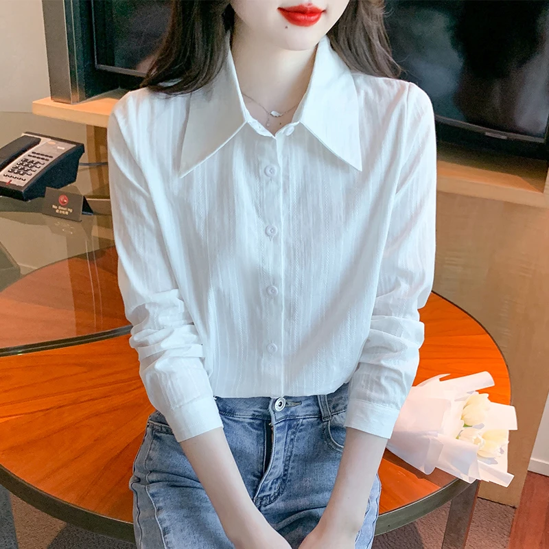 春秋季新款2025年气质简约白色纯棉衬衫女洋气减龄长袖纯色打底衫